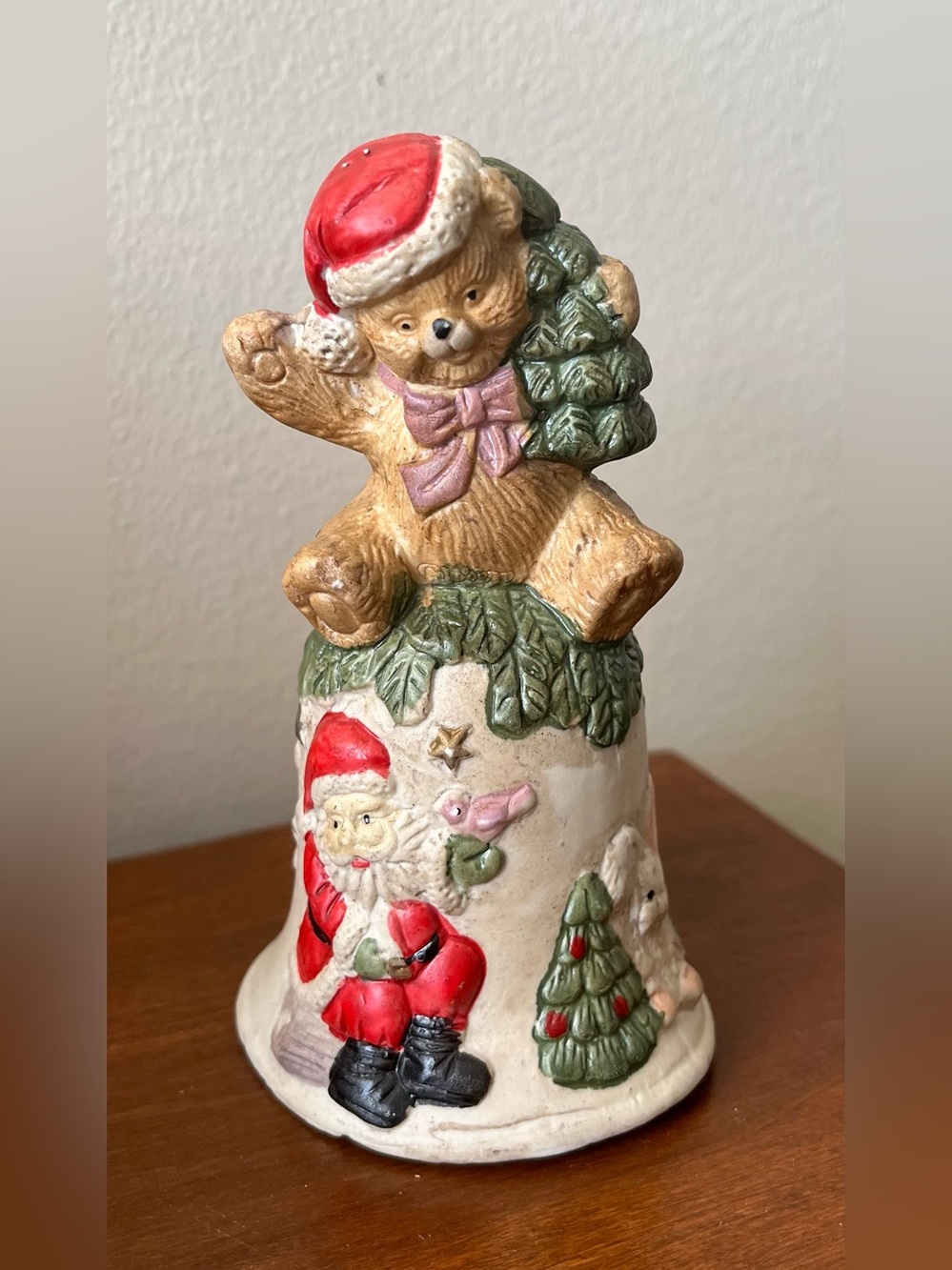 Festive Bear Christmas Bell Figurine - Red, Green